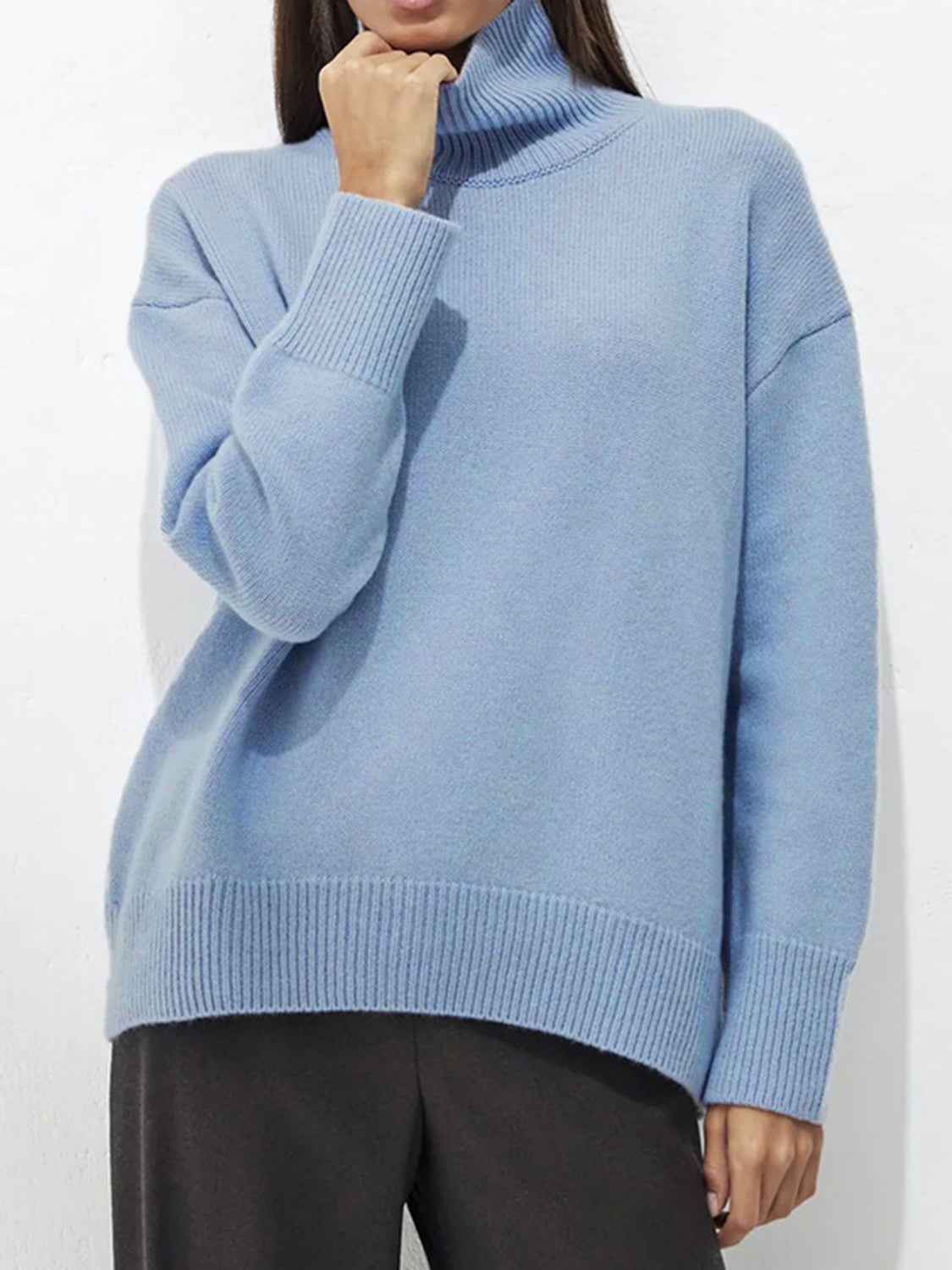 Ribbed Detail Turtleneck Dropped Shoulder Sweater