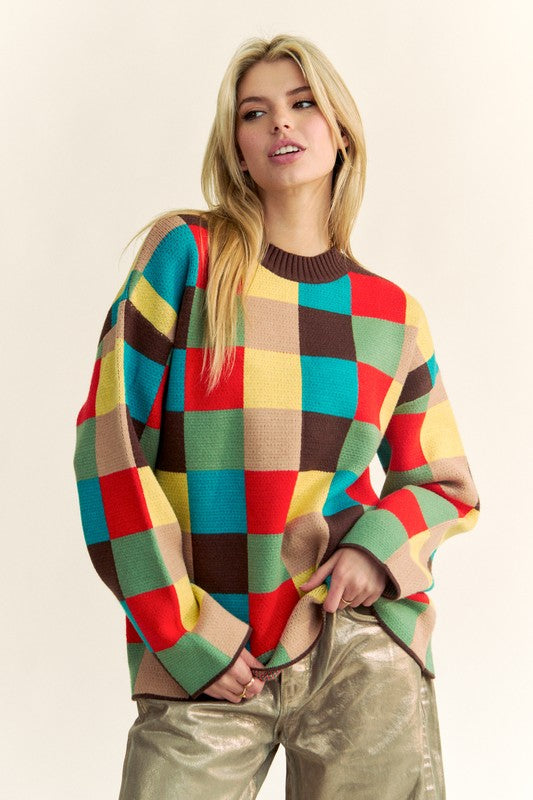 Block Checkered Dropped Shoulder Sweater