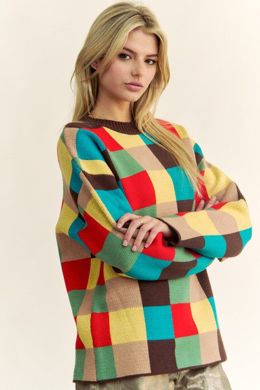 Block Checkered Dropped Shoulder Sweater