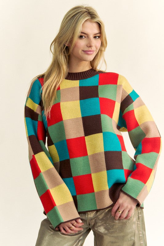 Block Checkered Dropped Shoulder Sweater