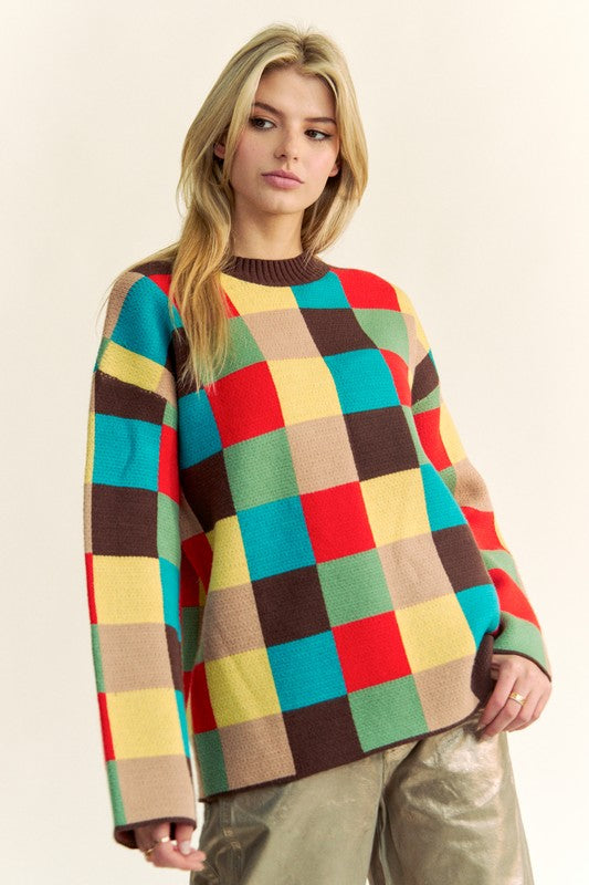 Block Checkered Dropped Shoulder Sweater