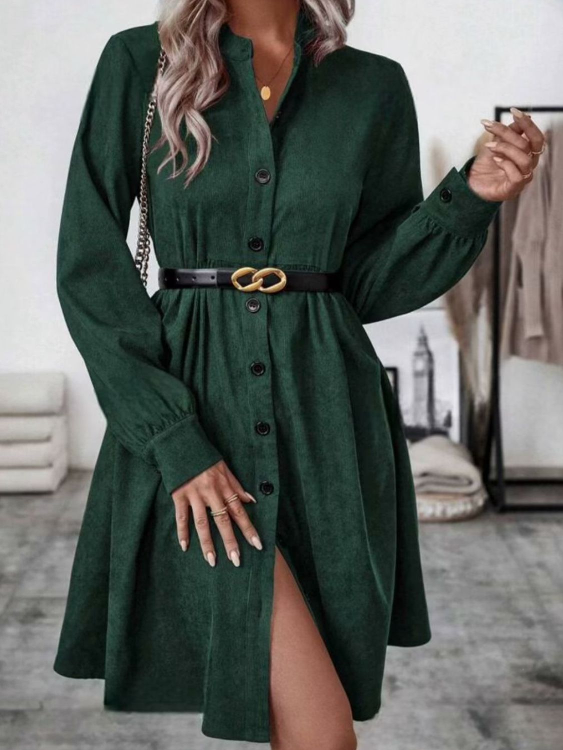 Ruched Button Up Long Sleeve Dress