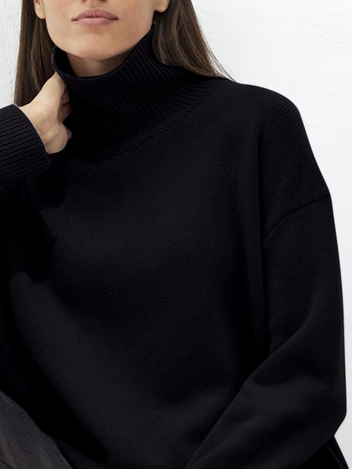 Ribbed Detail Turtleneck Dropped Shoulder Sweater