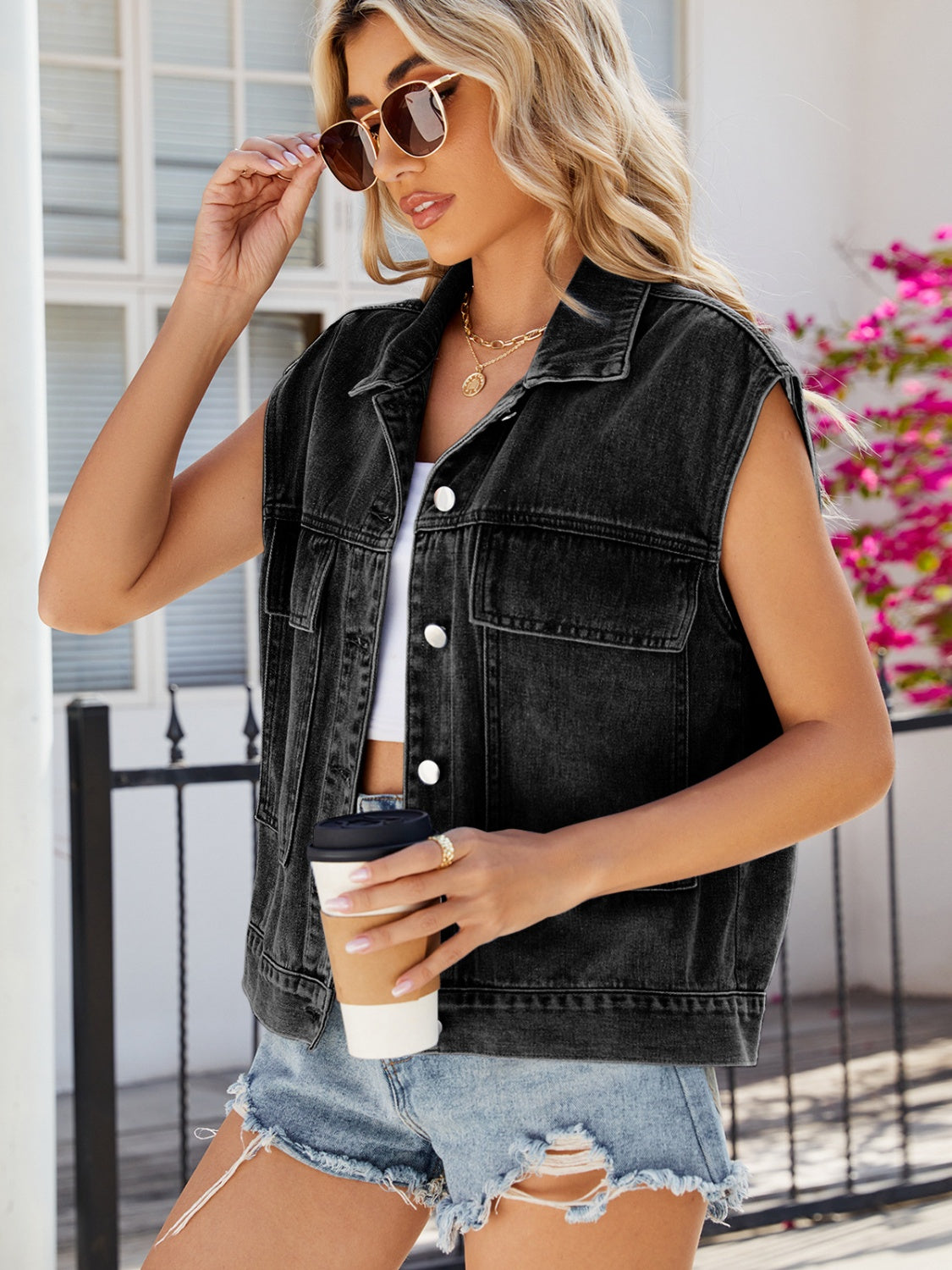 Pocketed Button Up Sleeveless Denim Jacket