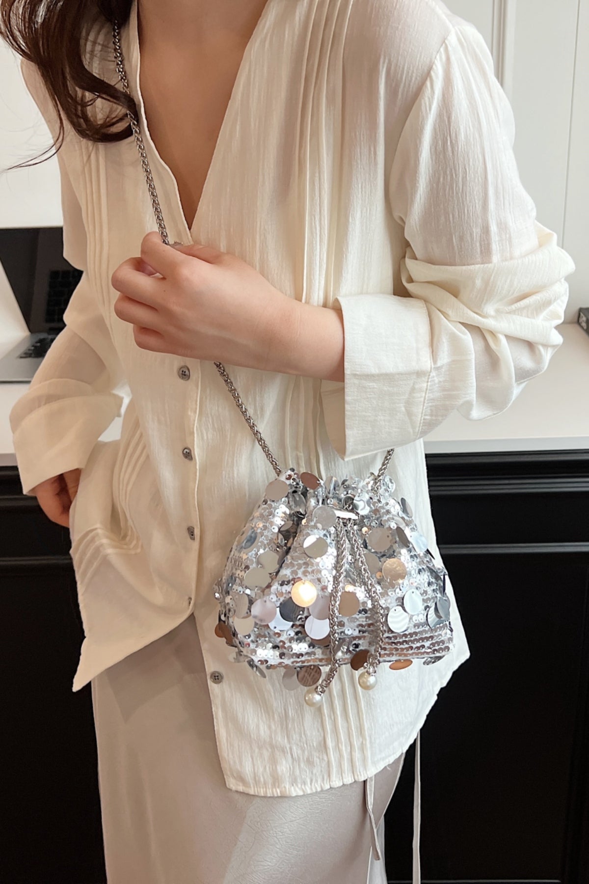 Drawstring Sequin Crossbody Bag