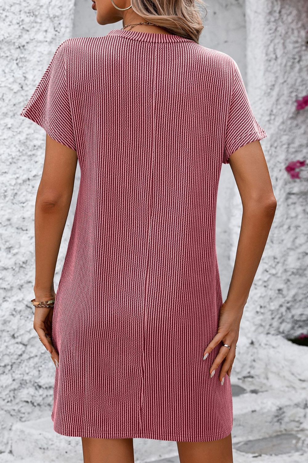 Ribbed Striped Short Sleeve Mini Tee Dress