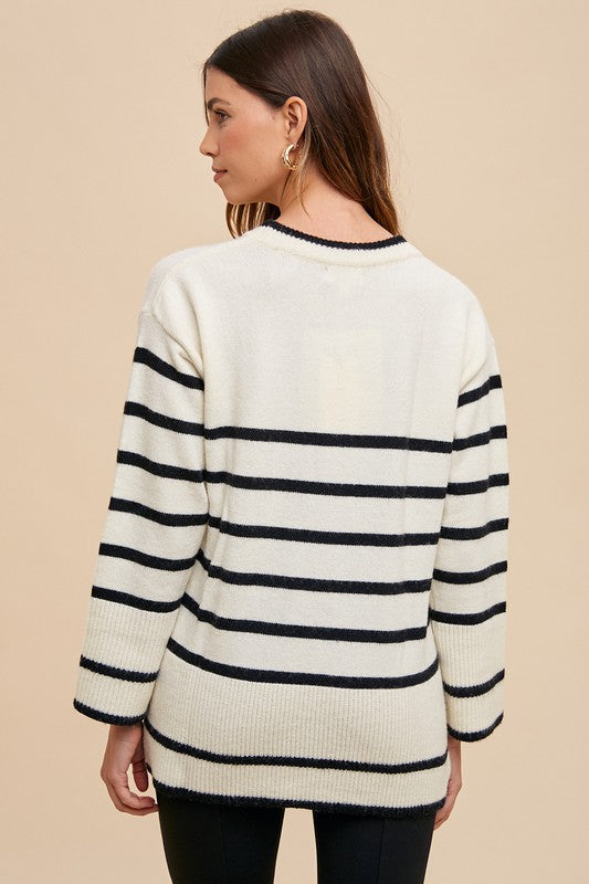 Side Slit Striped Round Neck Sweater