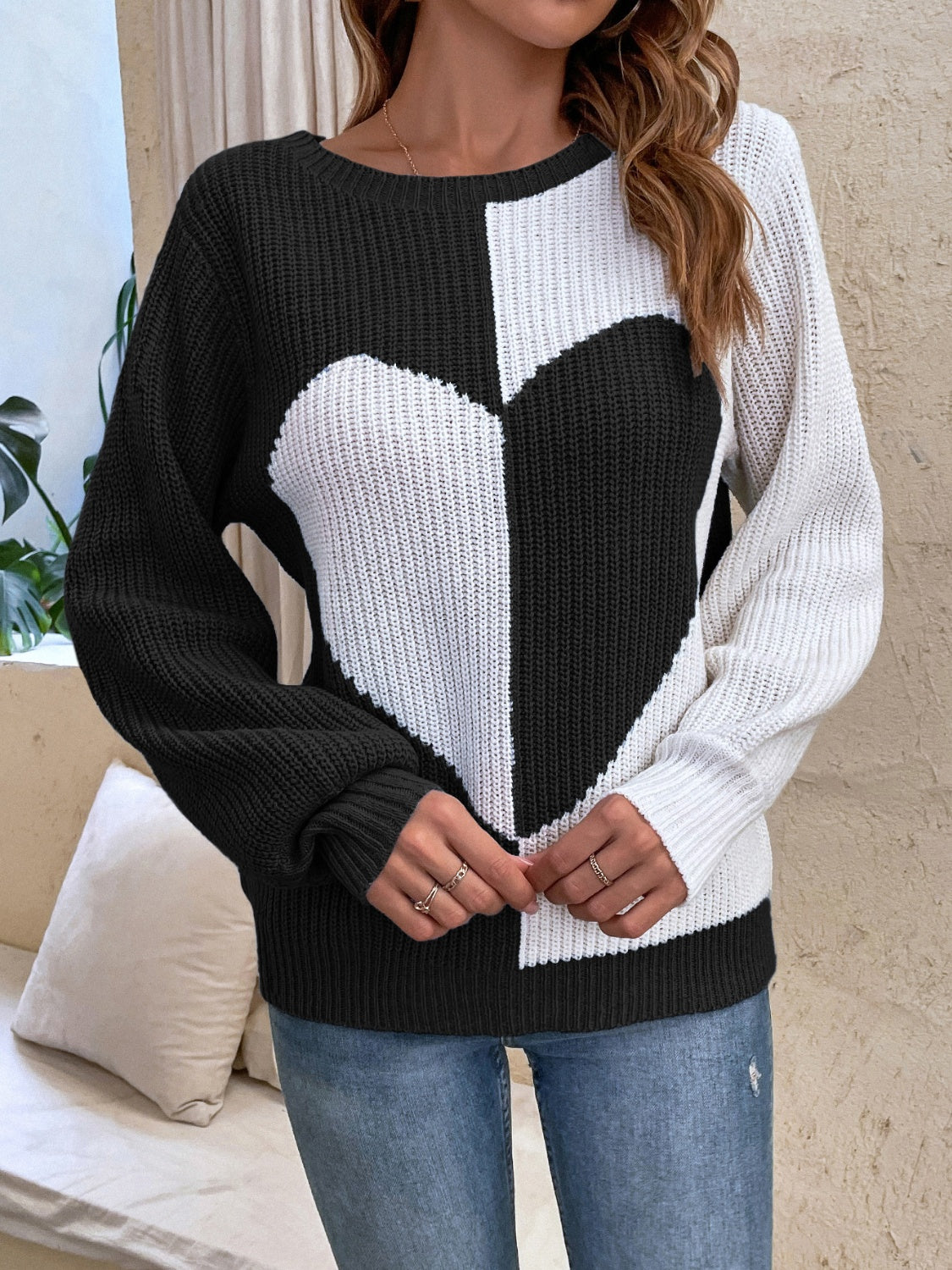 Contrast Heart Round Neck Long Sleeve Sweater