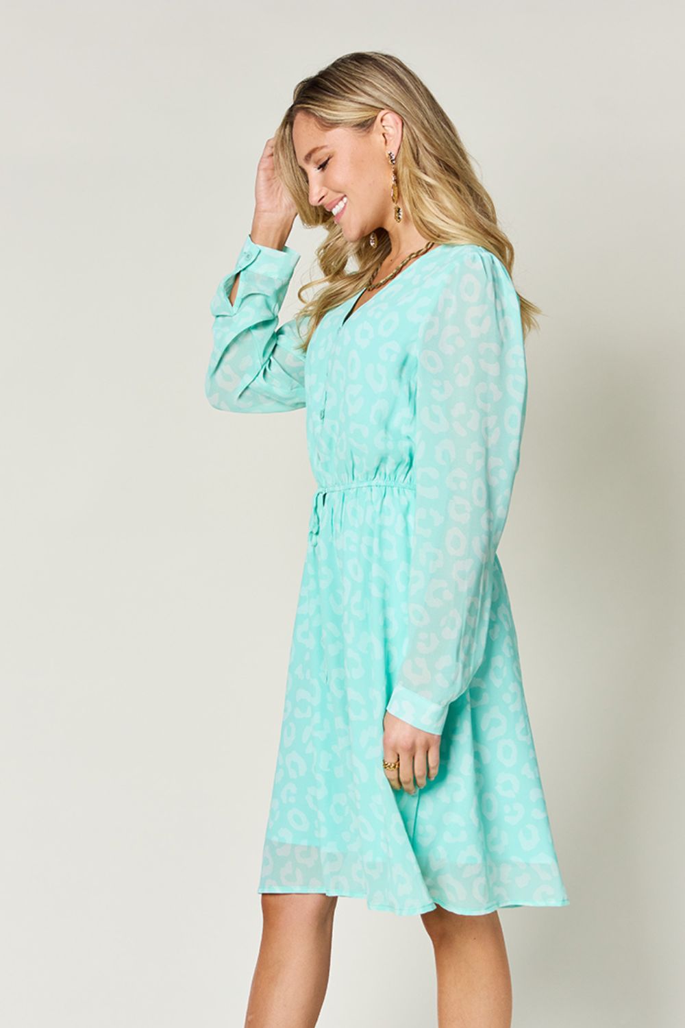 Double Take Full Size Printed Ruched V-Neck Long Sleeve Dress