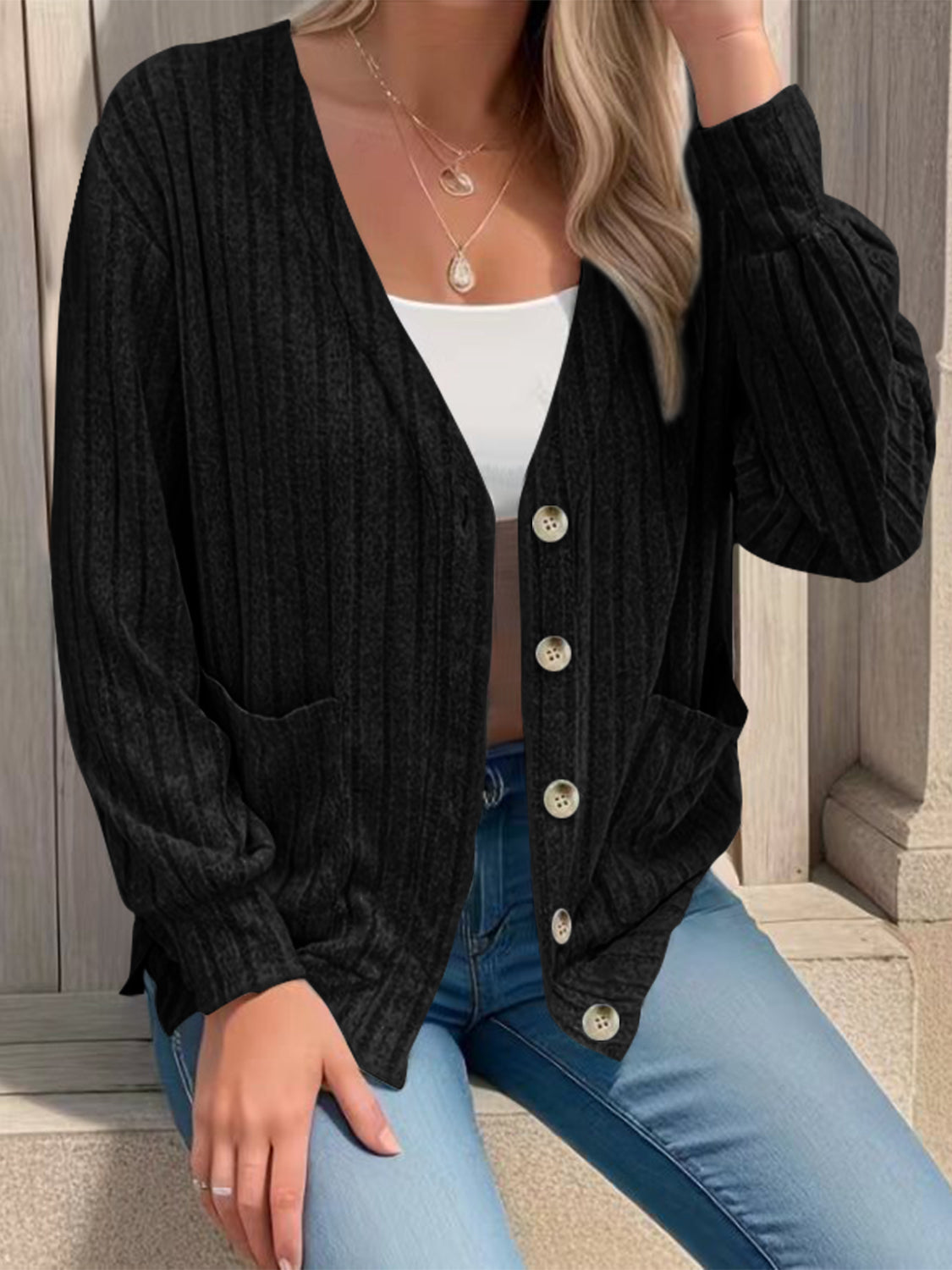 Full Size Button Up V-Neck Long Sleeve Cardigan