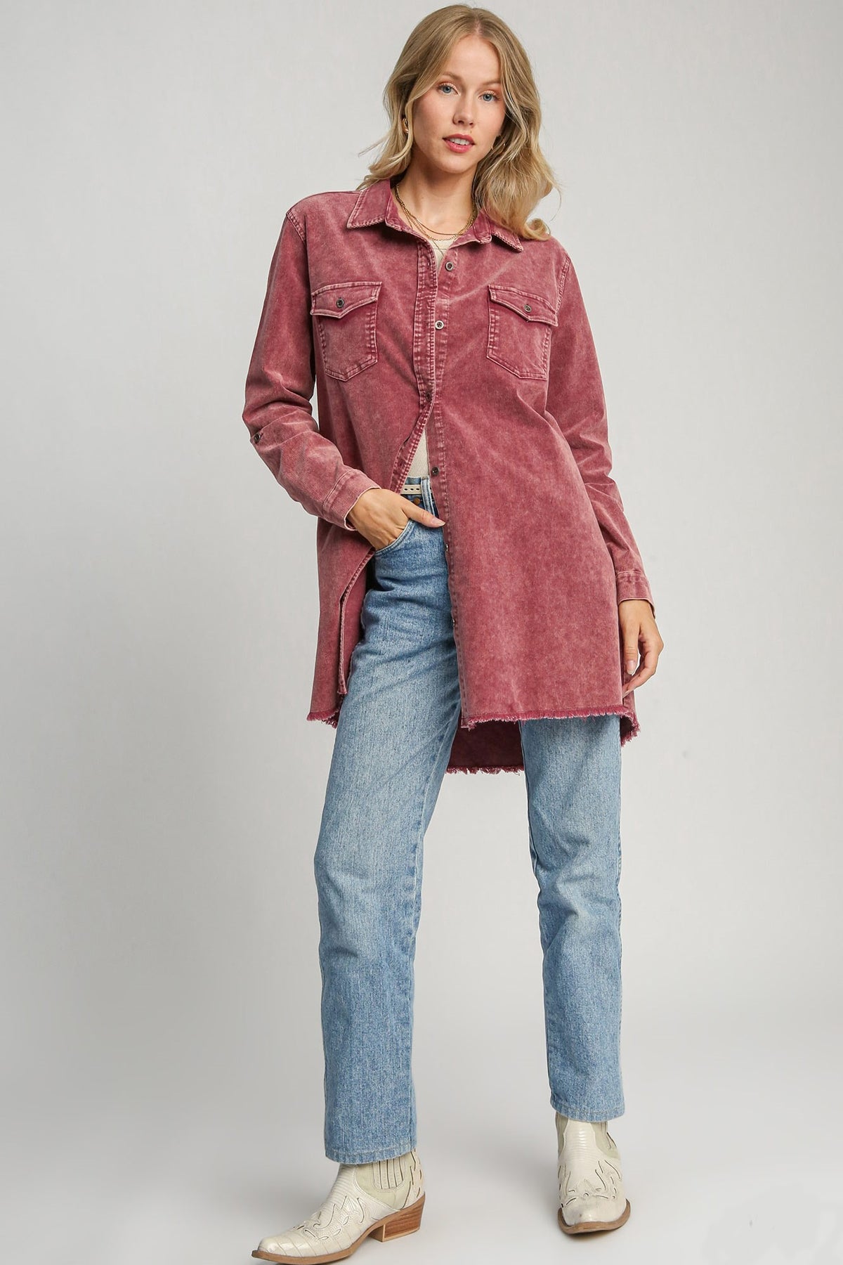 Umgee Raw Hem Button Down Denim Jacket with Chest Pockets