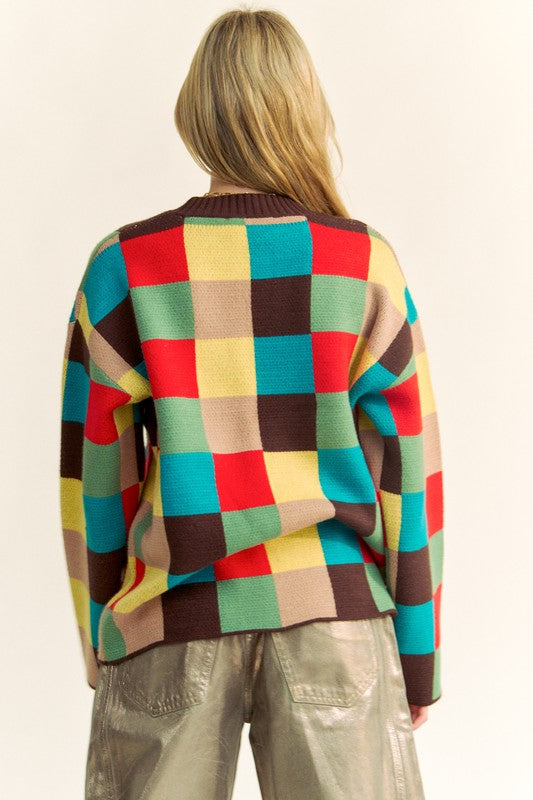 Block Checkered Dropped Shoulder Sweater