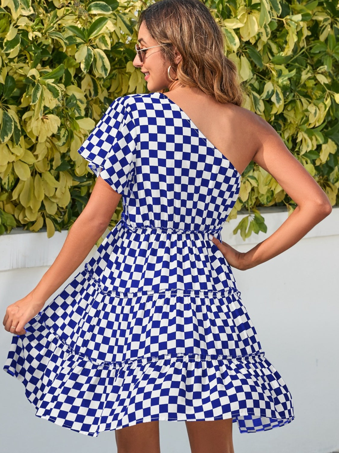 Checkered Single Shoulder Mini Dress