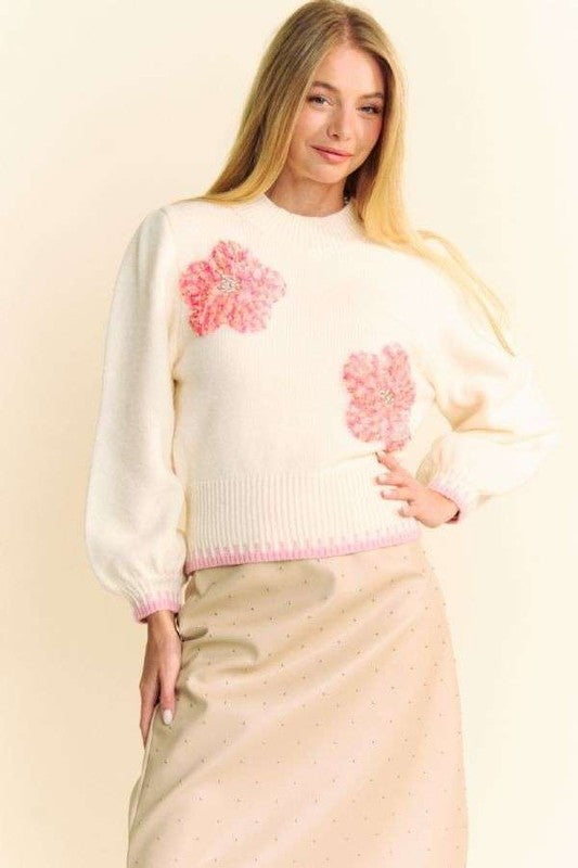 Flower Patch Fuzzy Mock Neck Sweater