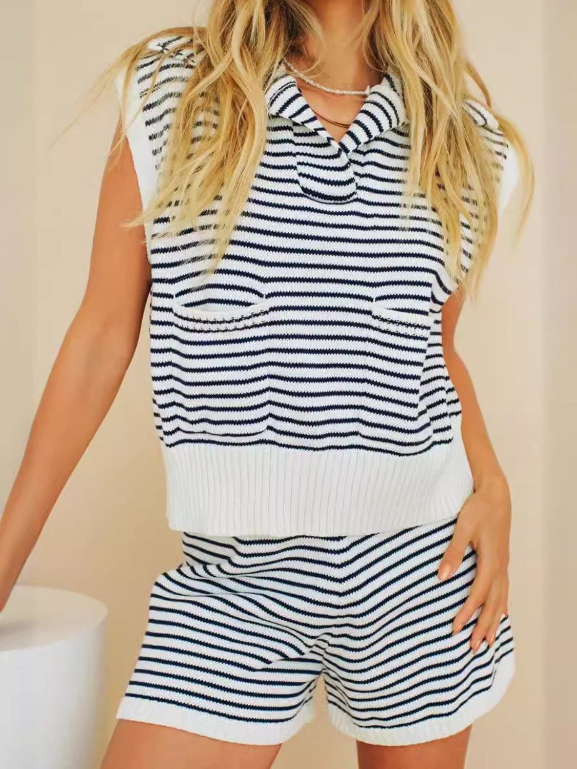 Striped Cap Sleeve Top and Shorts Sweater Set