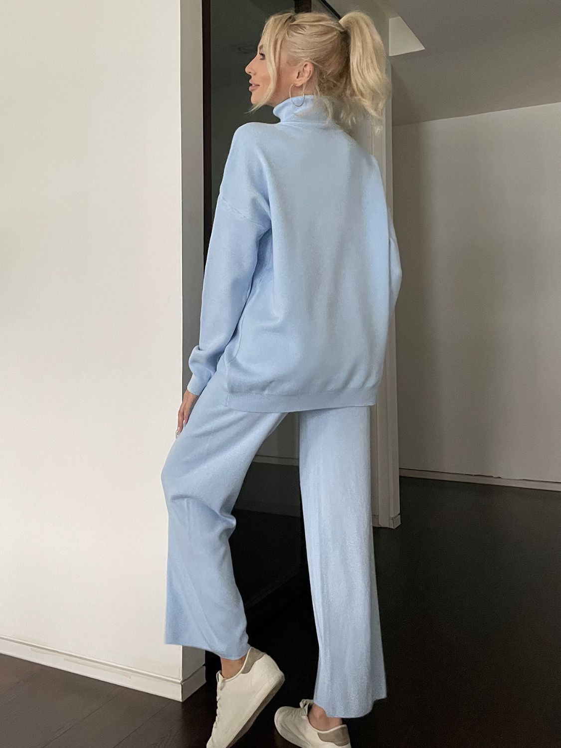 Turtleneck Long Sleeve Top and Drawstring Pants Sweater Set