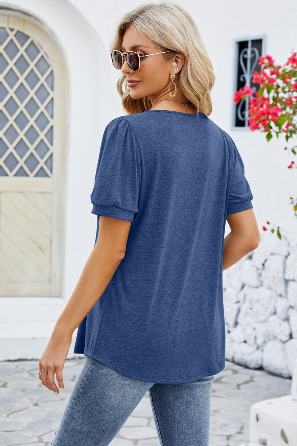 Ruched Scoop Neck Short Sleeve Blouse